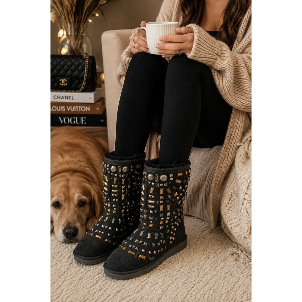 Koolaburra by UGG Black Suede Studded Embellished Mid Calf Boots Mixed Metal